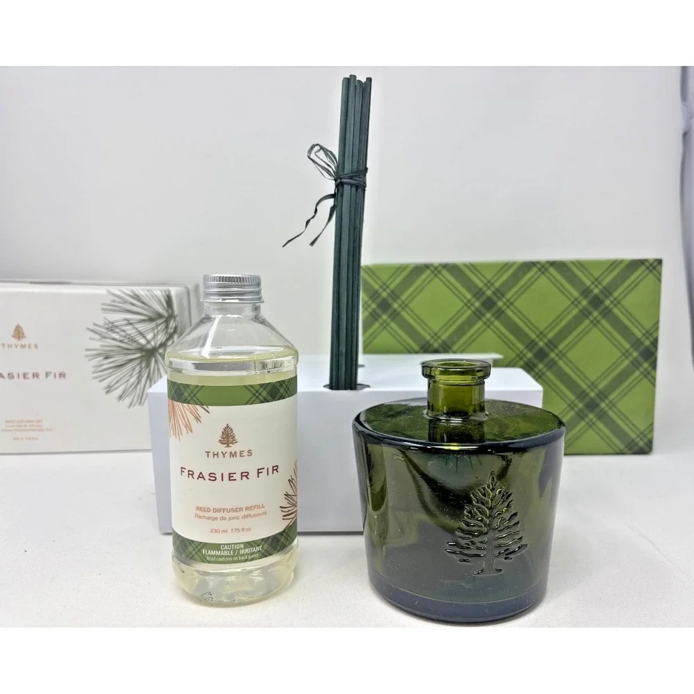 NIB Thymes Frasier Fir Reed Diffuser Set 7.75 oz Green Glass Vessel